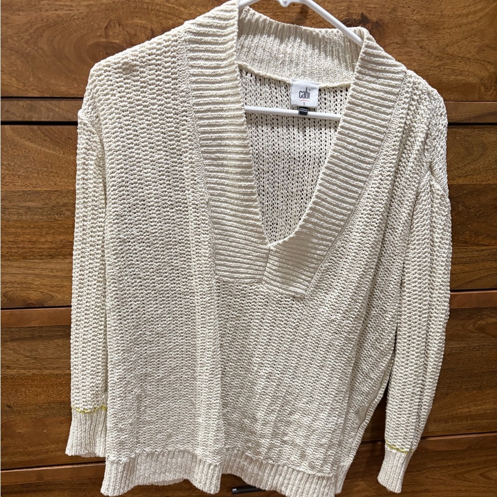 CAbi Cream V-Neck Knit Sweater with Subtle Yellow Stitching